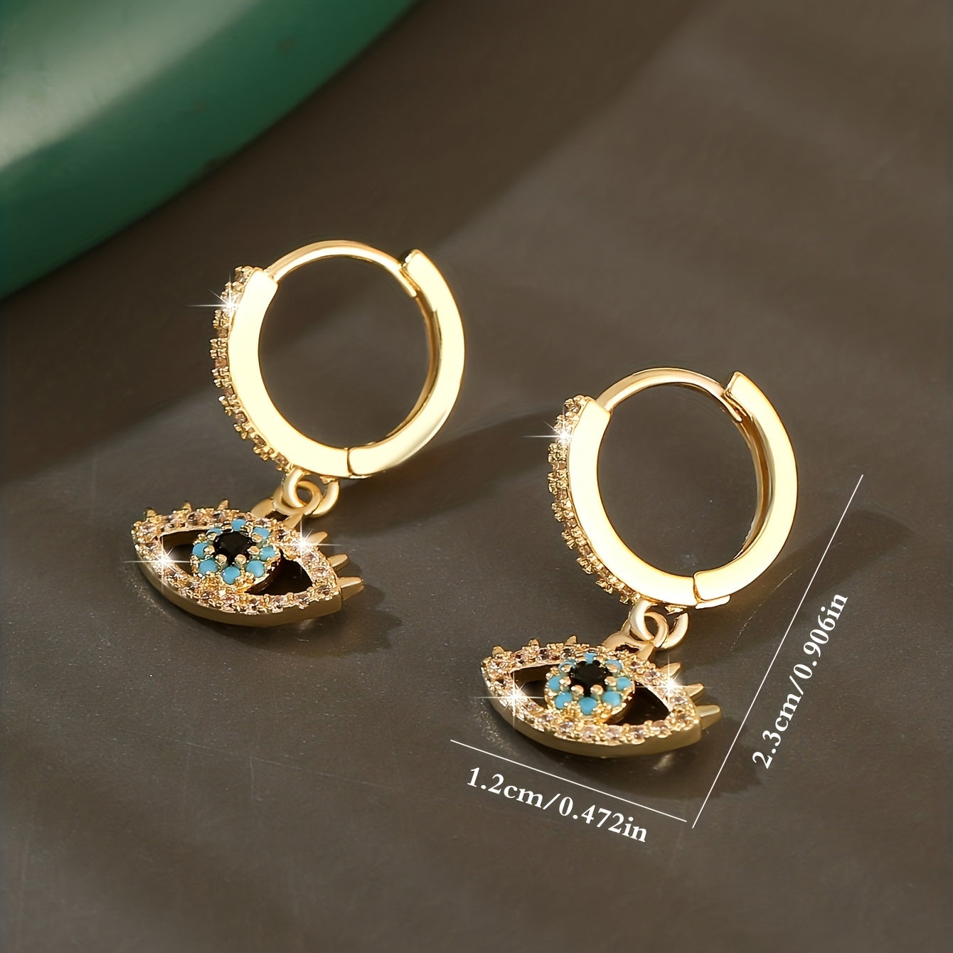 Luxurious Hip-Hop Eye Pendant Earrings with Sparkling Cubic Zirconia, 14K Gold Plated Copper - Funky Rocker Style, Ideal Gift for Men