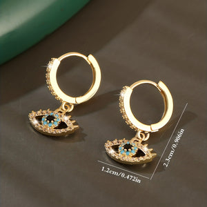 Luxurious Hip-Hop Eye Pendant Earrings with Sparkling Cubic Zirconia, 14K Gold Plated Copper - Funky Rocker Style, Ideal Gift for Men