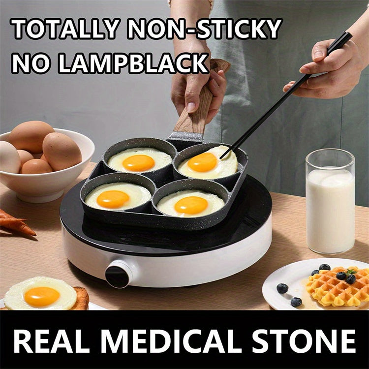 4-in-1 Non-Stick Mung Bean Stone Egg Frying Pan with Cast Iron Handle, Smooth Surface Compatible, Hand Wash Only, Kitchen Cooking Tool