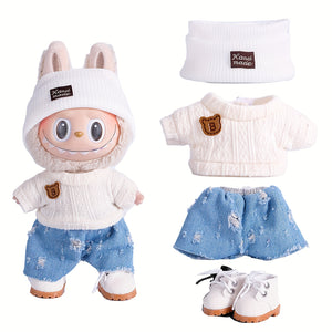 17cm Doll Clothes For Labubu With 3 Outfits - Stylish Fisherman Hat & Sweaters & Pants Or Skirt Set For 17cm Dolls, Adorable Labubu Accessories For Play & Display (Not Included Shoes & Doll)