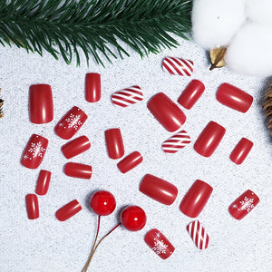 24pcs Glossy Medium Square Fake Nails, Christmas Press On Nails With Red White Stripe And Snowflake Design, Full Coverage False Nails For Wo