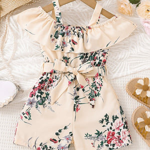 Girls Casual Ruffled Off-Shoulder Dress Flower Graphic Jumpsuit For Summer Girls Clothes