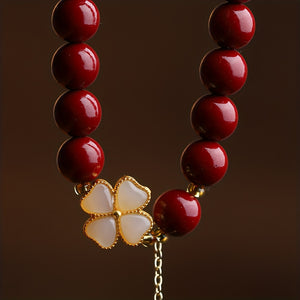 1pc Natural Cinnabar Clover Lucky Bracelet, Unisex Gifts For Various Holidays, Christmas Gifts