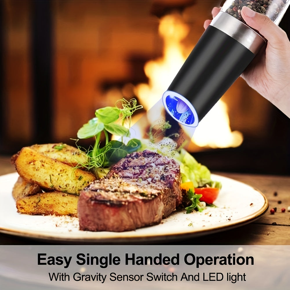 1pc/2pcs Set Gravity Electric Salt and Pepper Grinder, Salt Or Pepper Mill & Adjustable Coarseness, Battery Powered With LED Light, One Hand