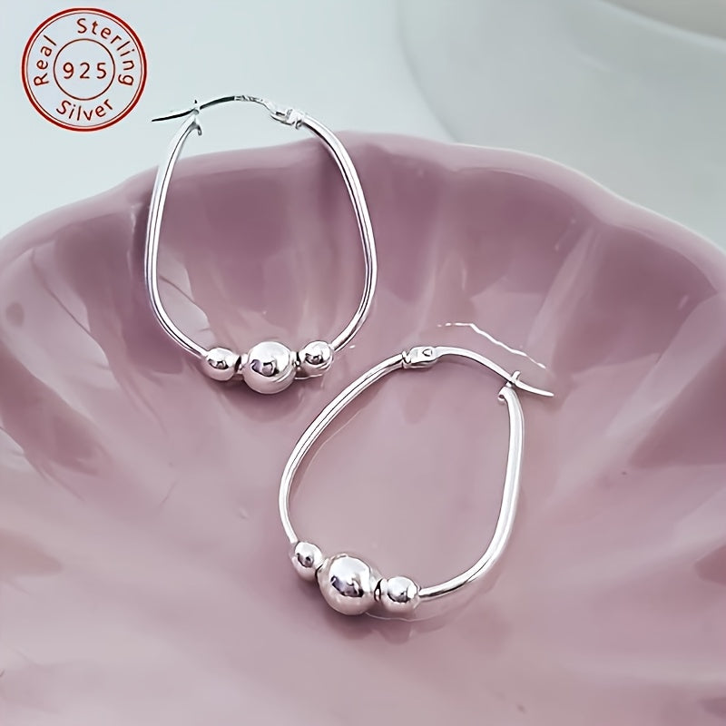 S925 Sterling Silver 3 Beaded Ring Earrings, 18mm Pendant Beaded Ring Earrings, Hypoallergenic Earrings, Silvery Earrings, Suitable For Wome
