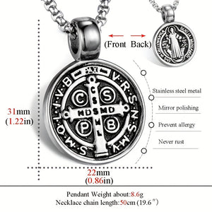 Men's St Benedict Exorcism Medal Stainless Steel Pendant Necklace