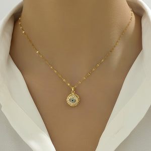[Golden Lip Chain] Golden Stainless Steel Lip Chain Necklace - Retro Fashion Trend, Simple, Suitable for Men and Women, Couples, Street, Daily, Party, Christmas, Halloween, with Golden-plated Cubic Zirconia Round Rotating Blue Eyes and Studded Zirconia, O