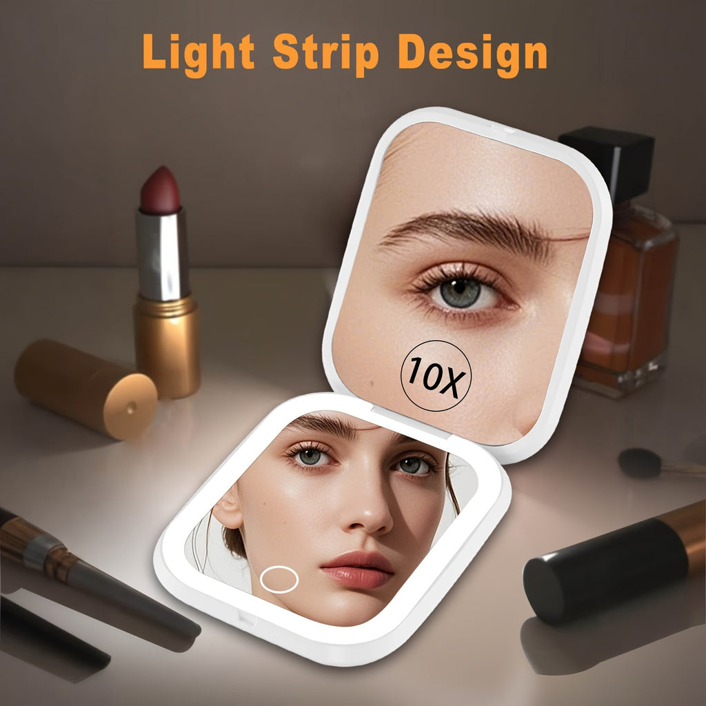 Rechargeable 10X/1X Magnification LED Compact Travel Makeup Mirror - 2-Sided, Portable, Folding, Handheld, Adjustable Brightness, Purse Mirror - 3 Colors Mode, Small, Christmas Gifts For Women