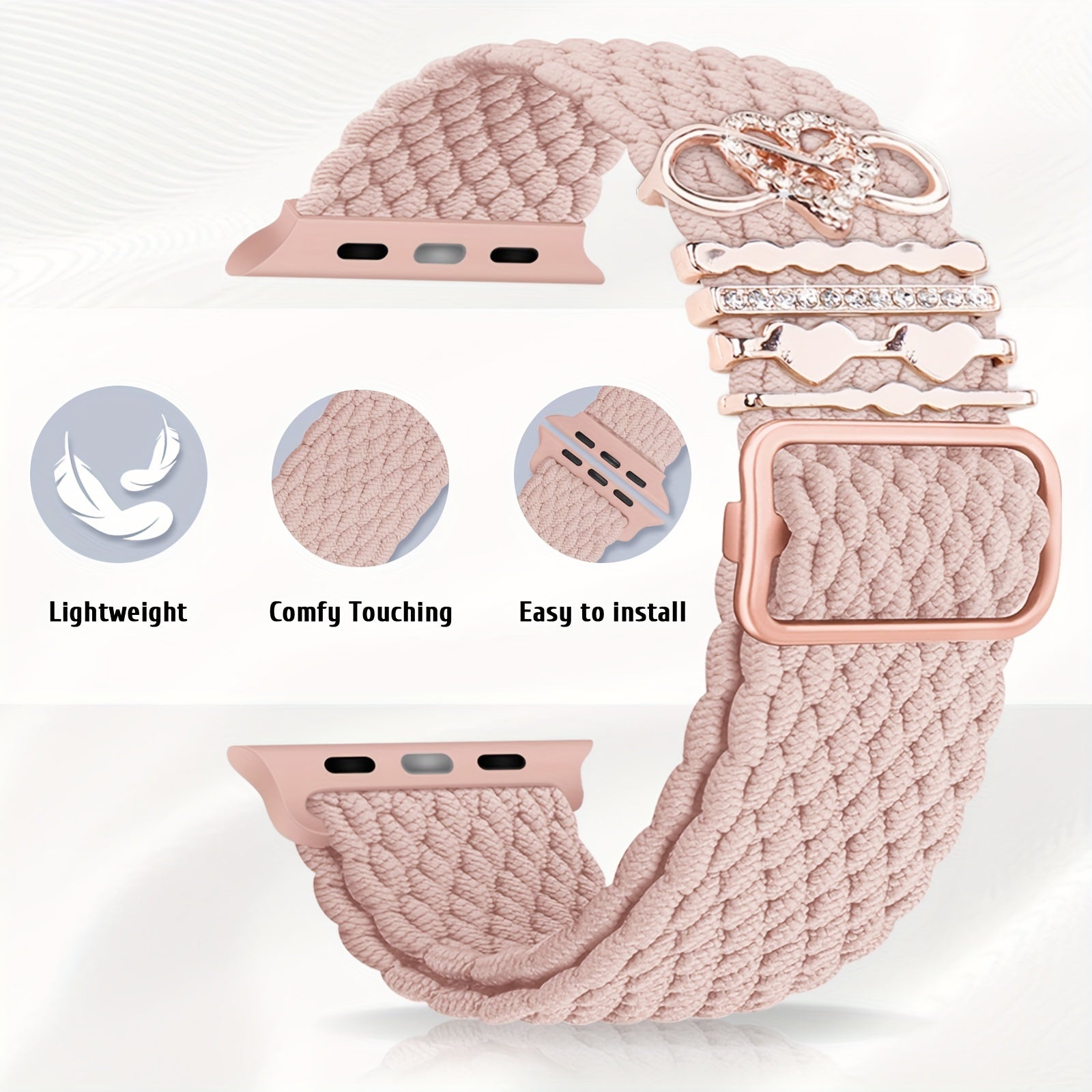 3-Pack Nylon Braided Watch Bands for Apple Watch, Waterproof, Hook & Loop Closure, with 5 Heart Charms, Smartwatch Accessories