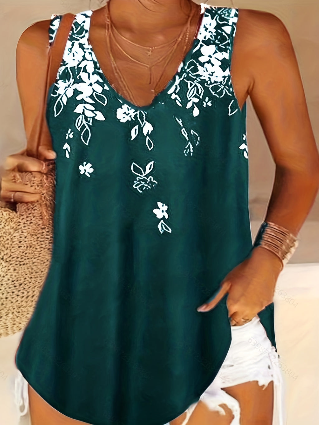 Versatile Plus Size Floral V-Neck Tank Top - Comfortable Stretch Knit, Perfect for All Seasons