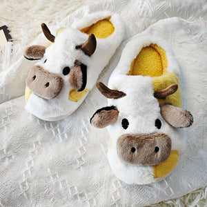 Women's Cartoon Cute Cow House Slippers, Warm Plush Lined Home Slippers, Women's Cozy Indoor Shoes