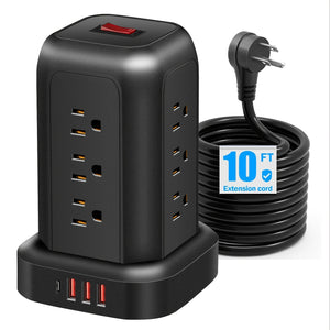 Power Strip Tower Surge Protector, Desktop Charging Station, 10ft Extension Cord, 3-Prong, Grounded, with 12 AC Outlets, 4 USB Ports, Multiple Protections for Home, Office, Dorm Room, Black And White