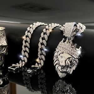 Men'S Crown Lion Head Zinc Alloy Pendant Necklace, Hip Hop Men'S Rhinestone Cuban Chain, Suitable for Daily, Banquet Wear, The Perfect Gift
