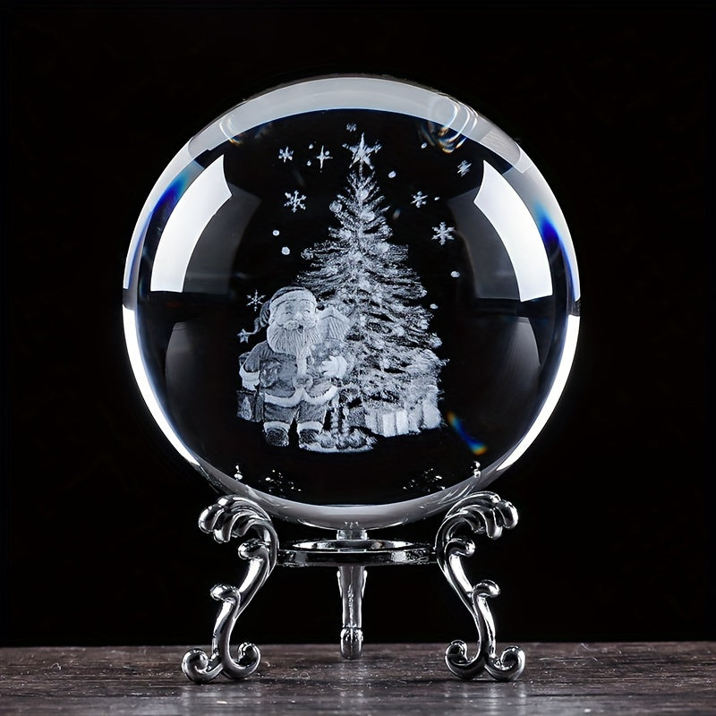 1pc 3D Laser Carved Christmas Tree Glass Ball, Elderly Man, Elk Crystal Ball With Silver Base, Desktop Decoration, Christmas Gift For Girlfr