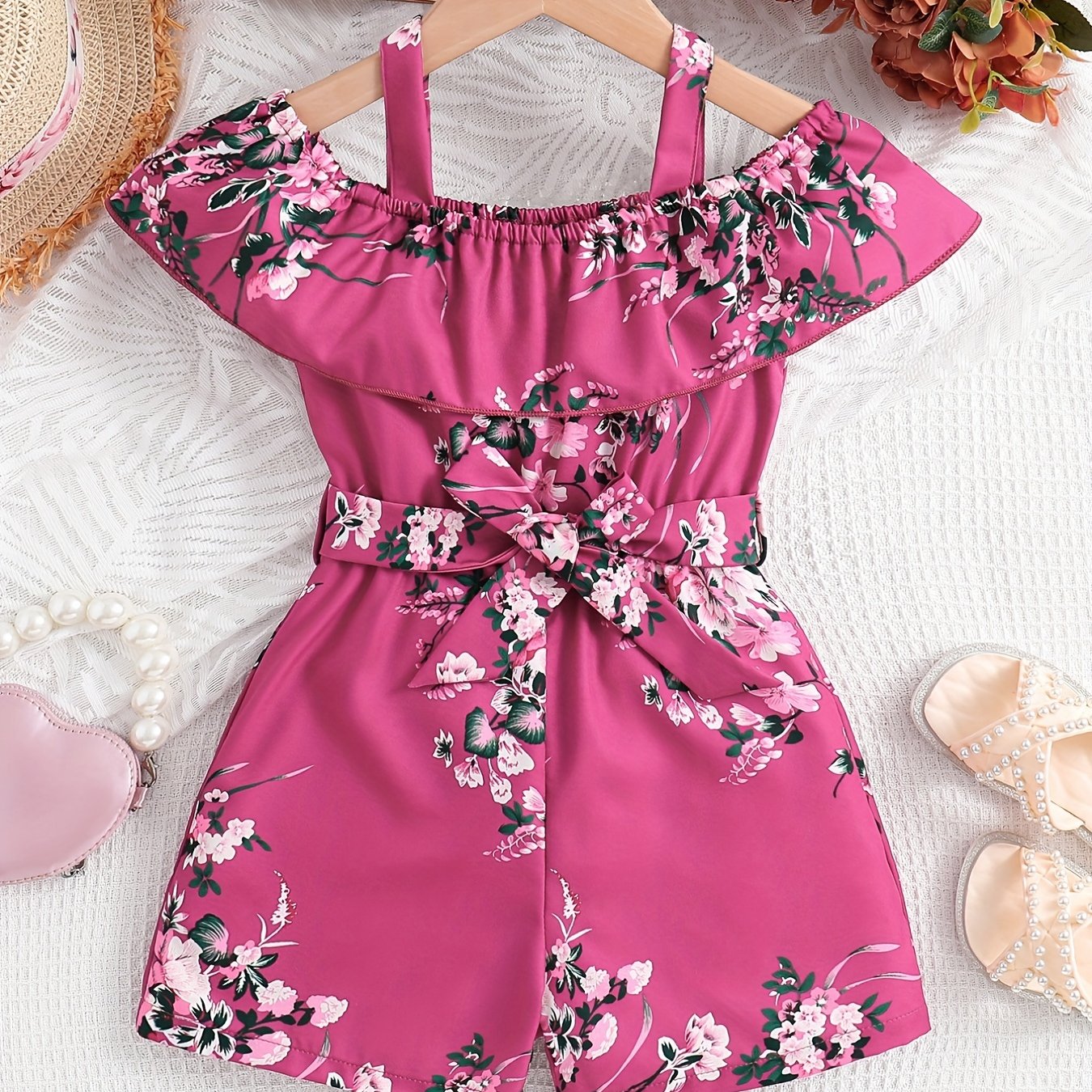 Girls Casual Ruffled Off-Shoulder Dress Flower Graphic Jumpsuit For Summer Girls Clothes