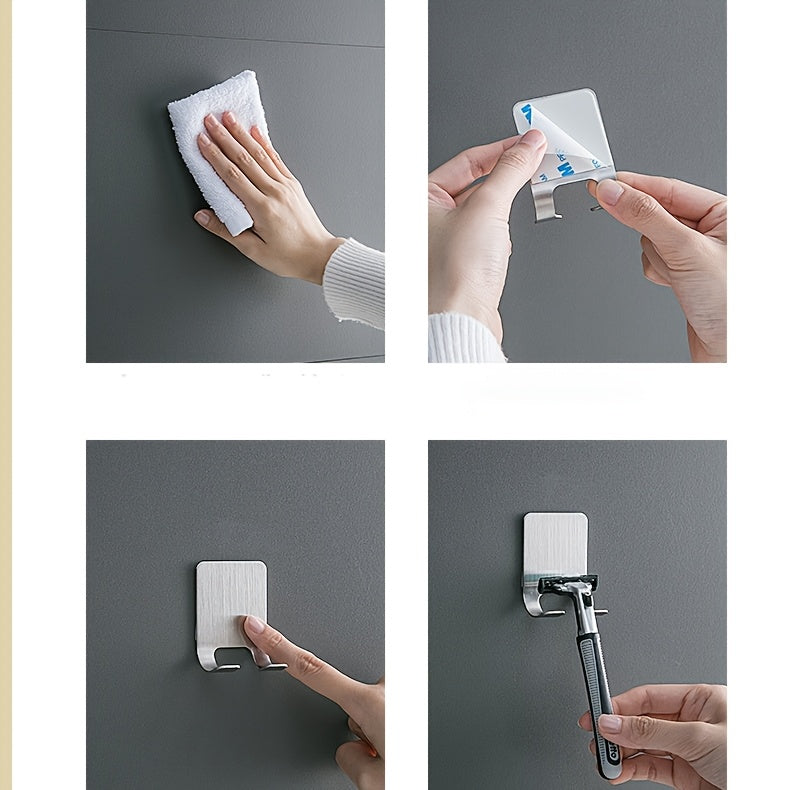 Set Of 2 Silvery Adhesive Wall Hooks, No Need To Drill Bathroom Shaver Holder, Stainless Steel Door Back Wall Hook, Bedroom Hat Hook, Bathro