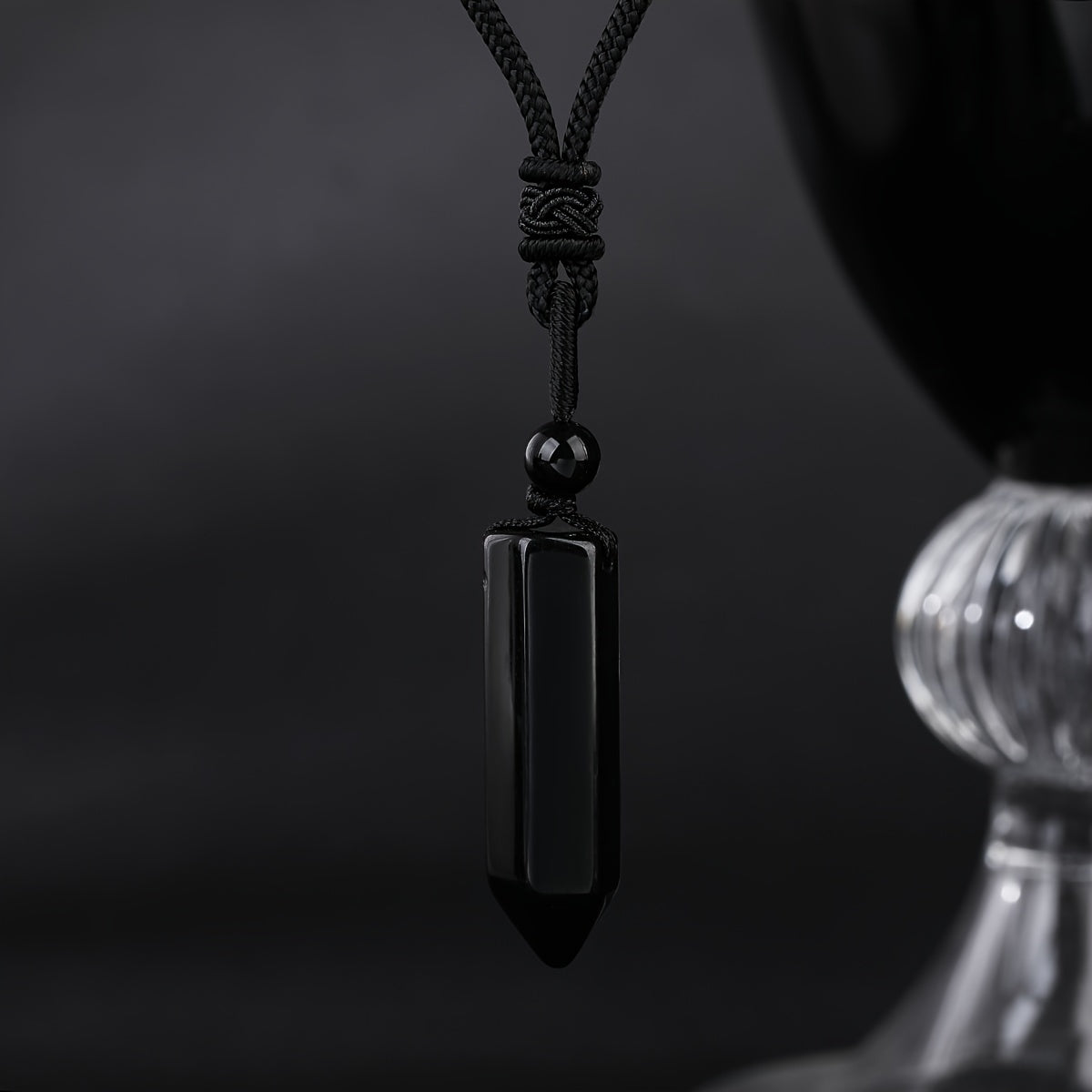 1pc Natural Crystal Hexagonal Cone Obsidian Pendant Necklace