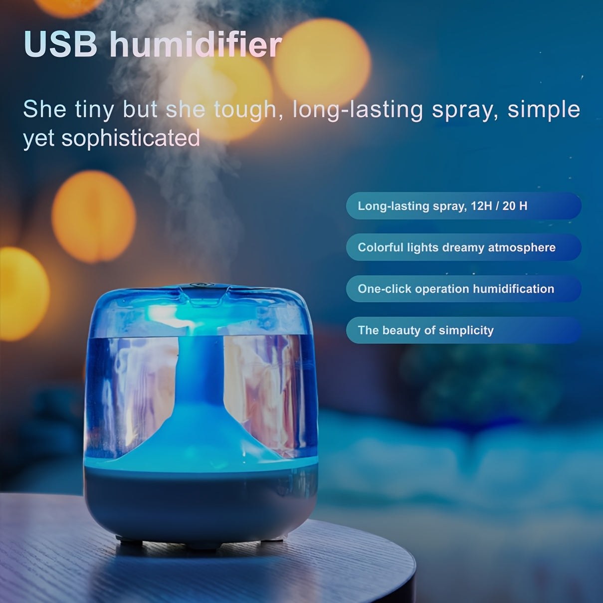 Quiet USB-Powered Home Humidifier with Seven-Color Night Light, Dual Mist Levels, Visible Water Level, 26dB Noise, Long-Lasting 24-Hour Oper