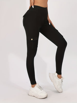 Single Piece Women's High Waisted Yoga Leggings with Pockets - Elastic Running And Sports Leggings, Button Design, Solid Color (black, Navy Green), Practical Flip Pocket, Comfortable Polyester Blend Fabric