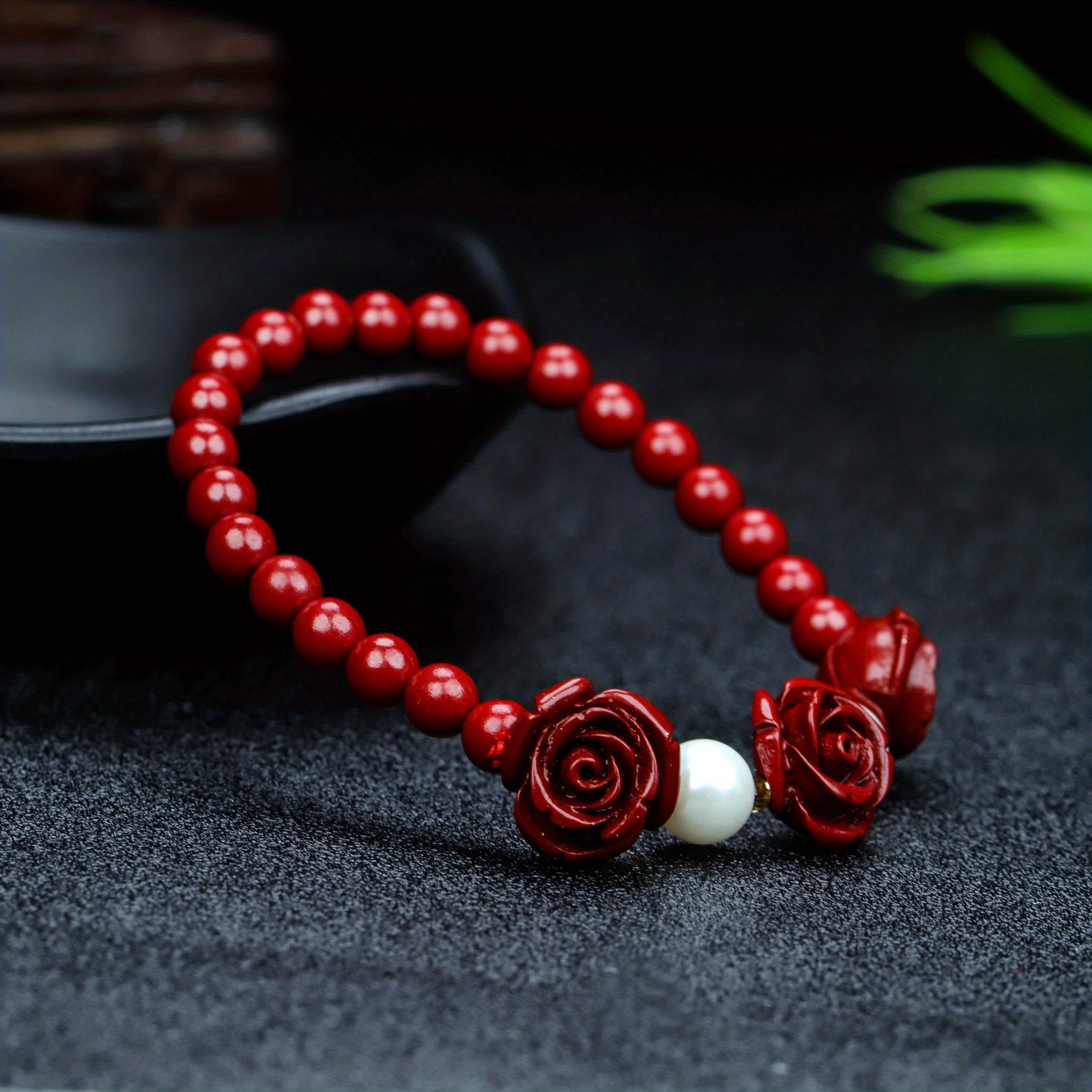 Natural Cinnabar Rose Bracelet Stretch Bracelet Ethnic Bracelet