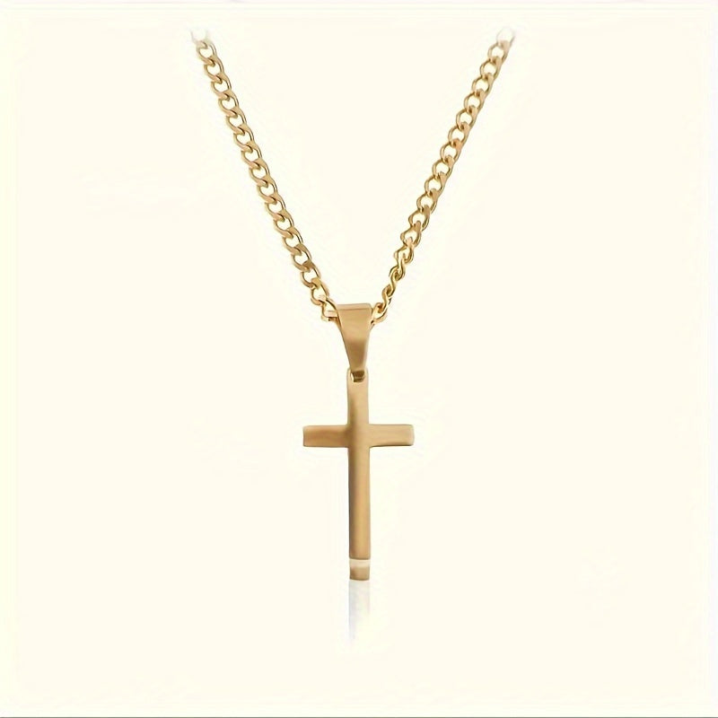 1 Men's Fashionable Cross Pendant Necklace, Plated With 18K Golden Cuban Chain, Stainless Steel Men's Minimalist Casual Necklace