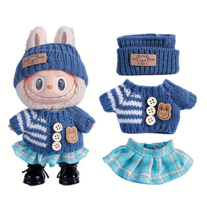 17cm Doll Clothes For Labubu With 3 Outfits - Stylish Fisherman Hat & Sweaters & Pants Or Skirt Set For 17cm Dolls, Adorable Labubu Accessories For Play & Display (Not Included Shoes & Doll)