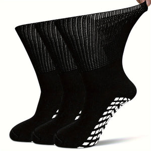 [3 Pairs Diabetic Socks] 3 Pairs Non Slip Diabetic Socks for Men Women, Extra Wide Calf Socks for Swollen Feet, Hospital Socks with Gripper, Size 10-13, White