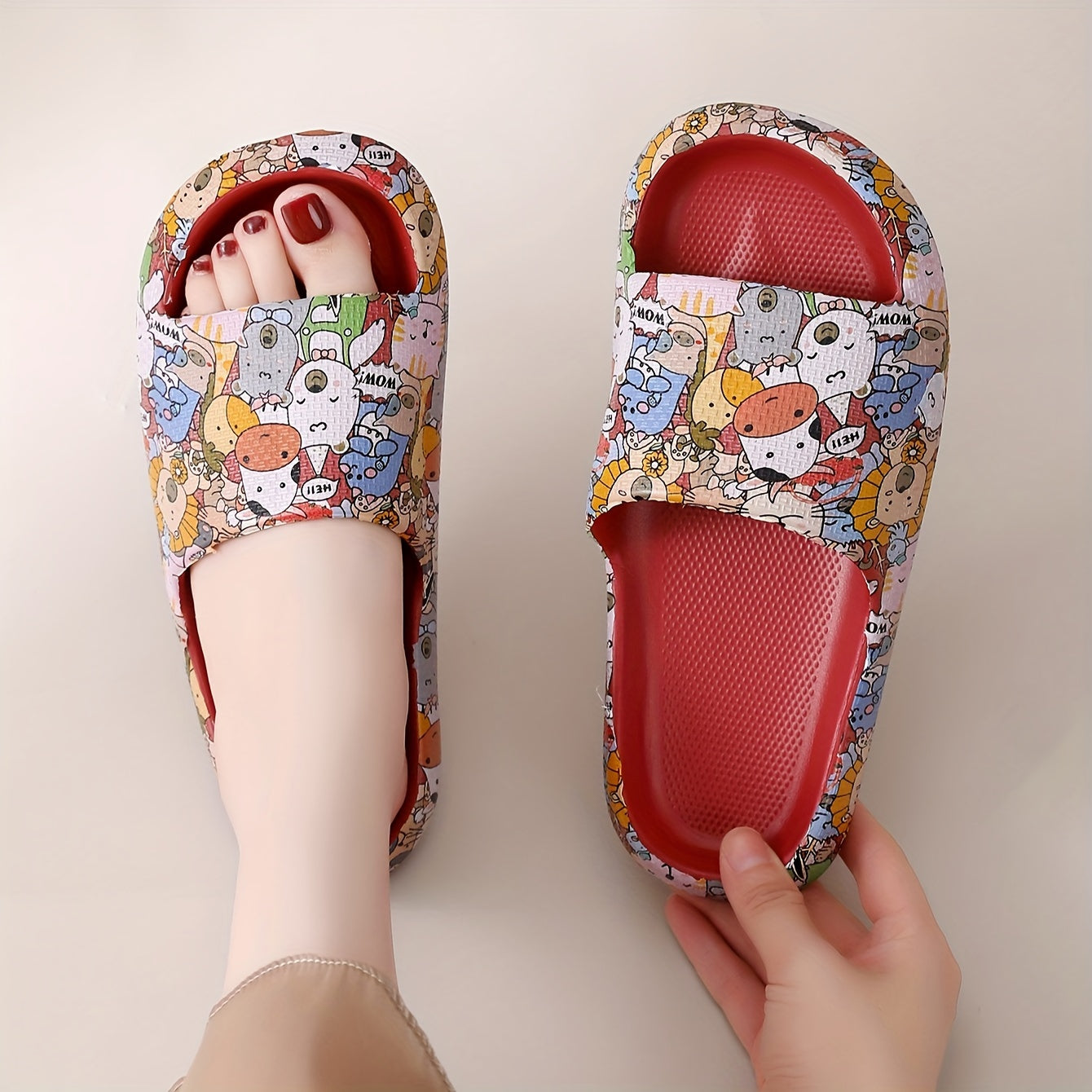 Fashionable Women's Cartoon Graffiti Slides - Summer Thick Sole EVA Slippers, Open Toe, Machine Washable, Trendy One-Strap Design