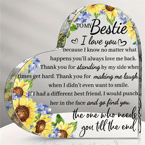 1pc, Gift For Friend Friendship Gifts For Women Friend Friendship Birthday Gifts For Women Cheer Up Gift Acrylic Heart Keepsake And Paperweight For Home Office Table Shelf (Sunflower And Blue Flower)