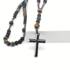 1pc Retro Natural Stone Turquoise Tiger Eye Black Hematite Cross Pendant, Men's Original Stone Prayer Beads Rosary Necklace