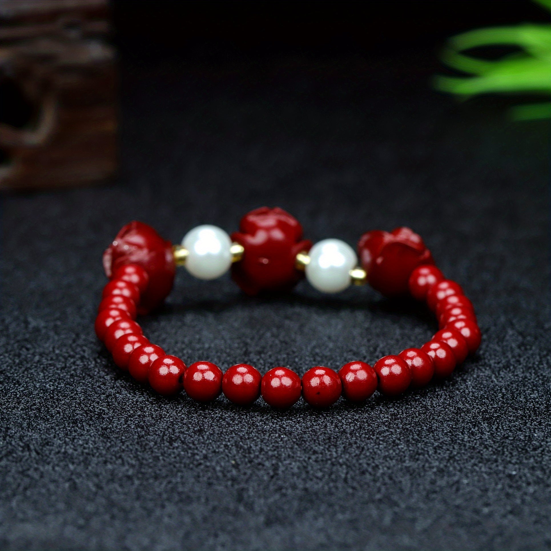 Natural Cinnabar Rose Bracelet Stretch Bracelet Ethnic Bracelet