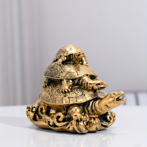 1pc, Feng Shui Three Tier Tortoise (Three Generation Turtle) Golden Resin Statue, Art Tortoise Sculpture Model, Resin Animal Home Decoration