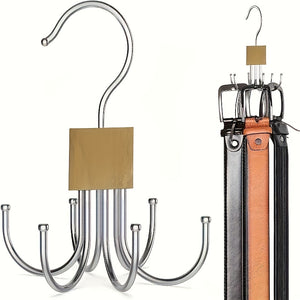 1pc Rotating Wooden Multi-Functional Large Capacity Belt Rack - Unfinished Steel Hooks for Belts, Bras, Tank Tops, Ties, Scarves - Fashionab