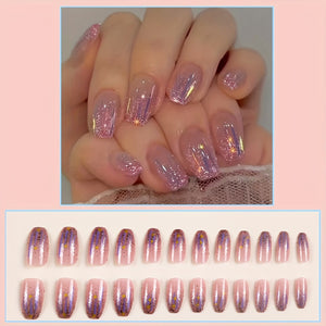 24pcs Glossy Short Square Fake Nails, Aurora Purple Press On Nails With Glitter Sequin Star Design, Sparkling Full Cover False Nails For Wom