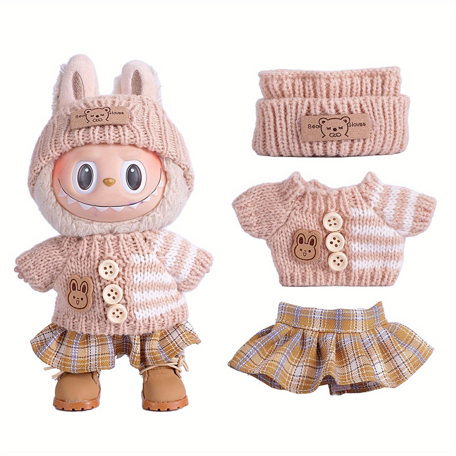 17cm Doll Clothes For Labubu With 3 Outfits - Stylish Fisherman Hat & Sweaters & Pants Or Skirt Set For 17cm Dolls, Adorable Labubu Accessories For Play & Display (Not Included Shoes & Doll)