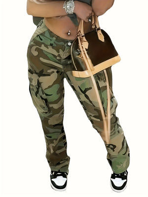 Trendy Camo Cargo Jeans - Comfortable Stretchy Denim with Side Pockets, Y2K Kpop Inspired, Versatile Wear for Women