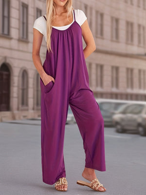 Women'S Solid Color Slip Pocket Loose Suspender Jumpsuit