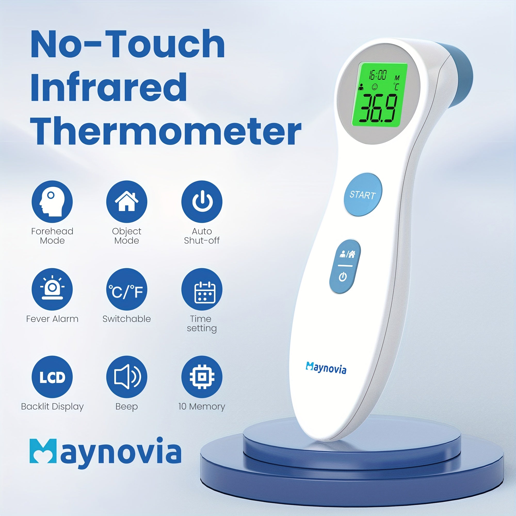 Maynovia Non-Contact Digital Infrared Thermometer for Adults and Children - 1 Second Quick Detection of Fever on Forehead and Ears with LCD Display, Battery Operated, 2 AAA Batteries Delivered, Ideal for Home Health Care