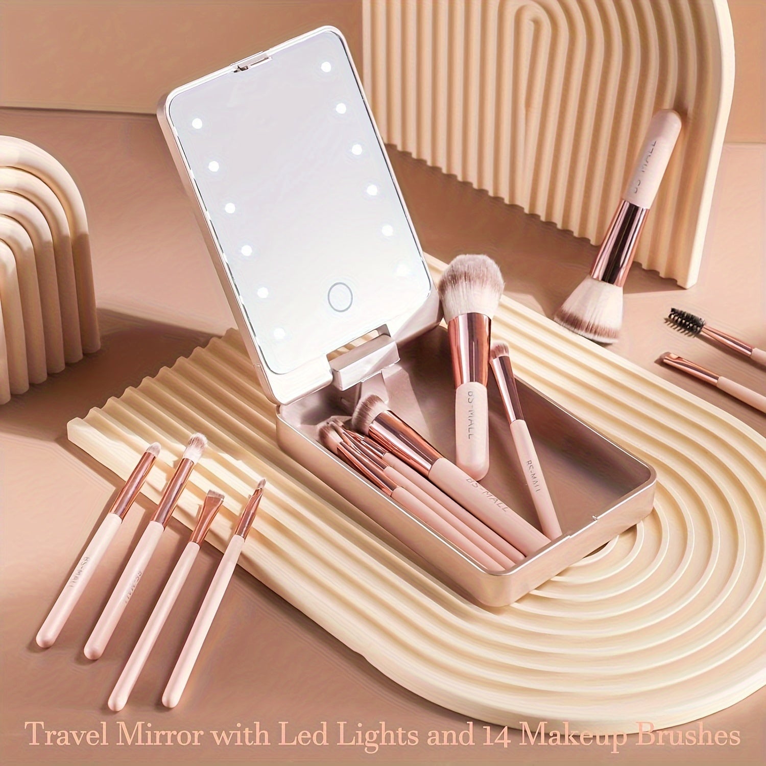 Travel Makeup Brush Set Foundation Powder Concealers Eye Shadows Makeup Set with LED Light Mirror 14 Pcs Mini Makeup Brushes, Valentine's Da