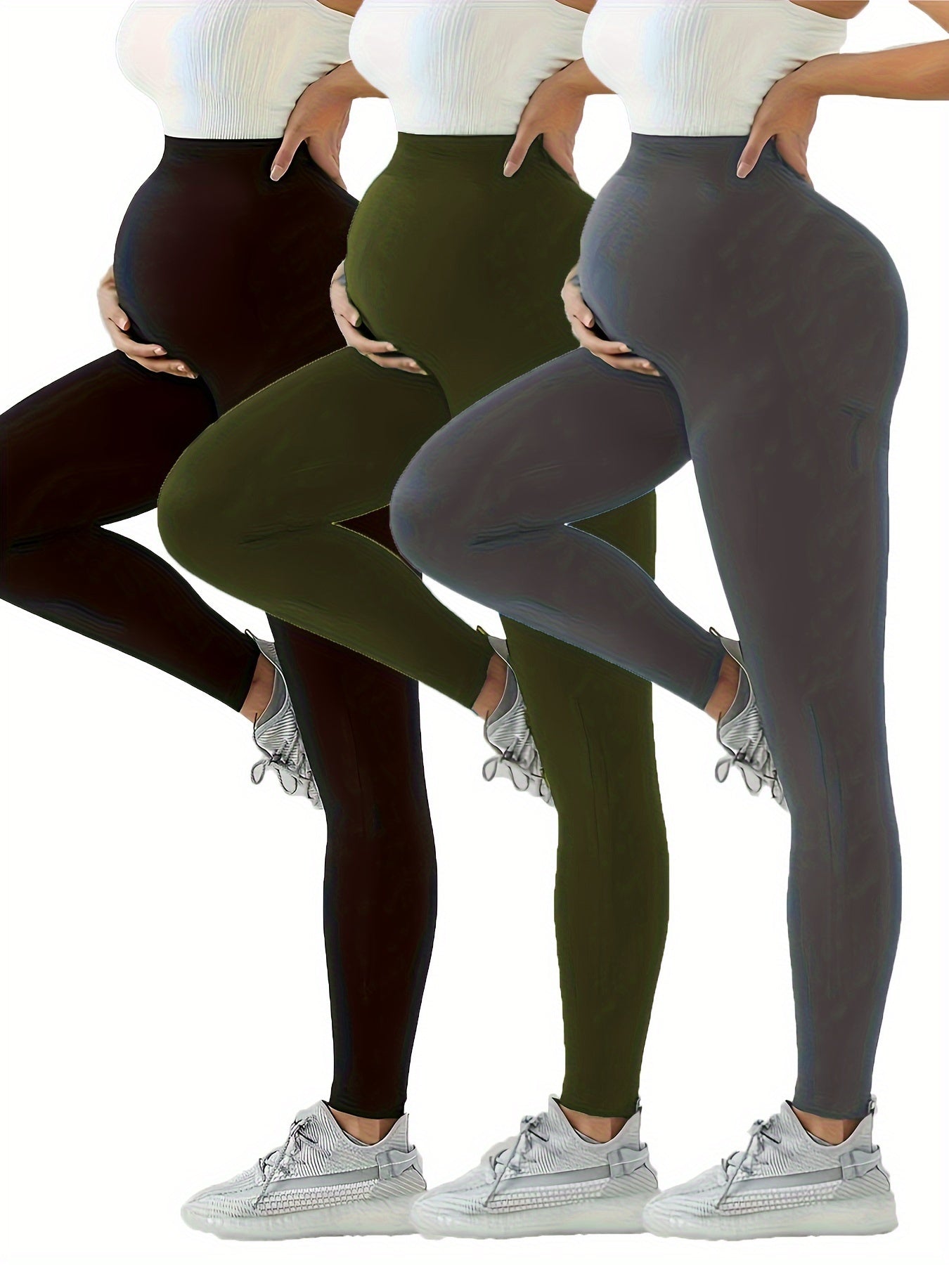 3pcs Women's High-Waist Maternity Leggings - Stretchy, Slim Fit Yoga & Sports Pants for Pregnant Women