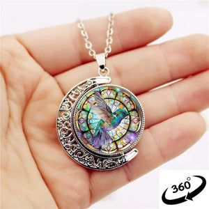 1pc Elegant Trendy Hummingbird Crescent Half Moon 360° Rotation Round Crystal Pendant Necklace Creative Men Women Jewelry Gifts