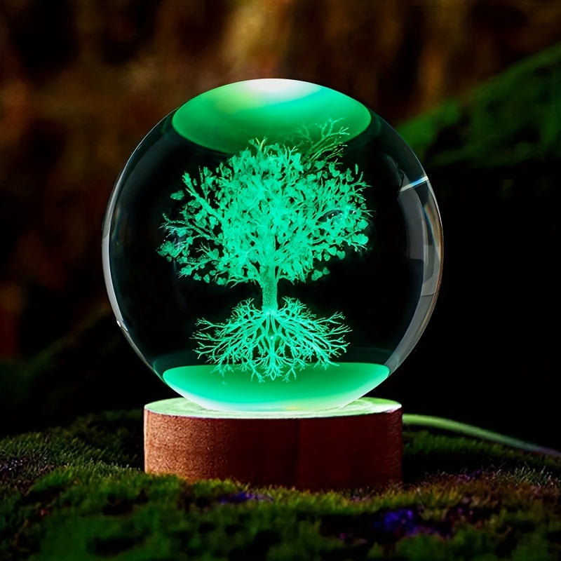 1pc Tree Of Life Crystal Ball Colour Little Night Light, Decorative Birthday And Holiday Gifts, 3D Laser Engraved Glass Plant Life Tree Sphe