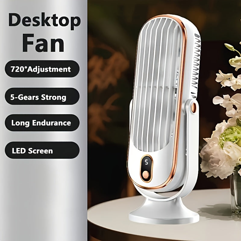 JKUOO Portable USB Desk Fan with 720° Swivel Head - High-Velocity, 5 Speeds, Rechargeable Lithium Battery, Indoor/Outdoor Use, Ideal for Off