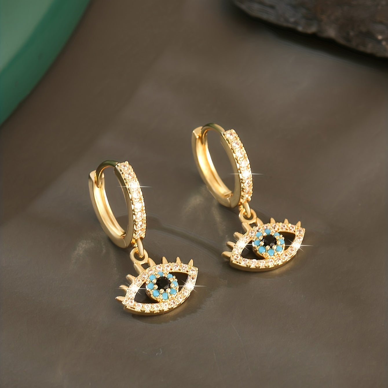 Luxurious Hip-Hop Eye Pendant Earrings with Sparkling Cubic Zirconia, 14K Gold Plated Copper - Funky Rocker Style, Ideal Gift for Men