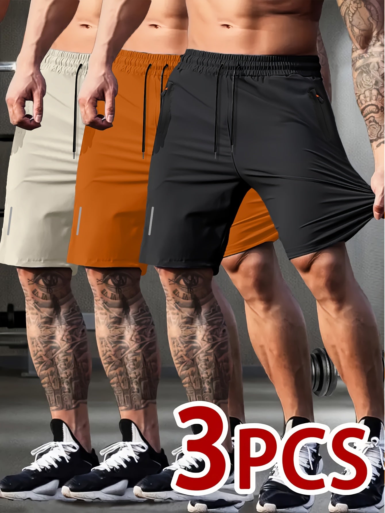 3pcs Men's Quick-Dry Drawstring Shorts with Zipper Pockets - Breathable & Sweat-Wicking, Ideal for Gym, Training, Cycling, Hiking & Swimming - Comfortable Stretch Fabric, Lightweight for Summer Activities