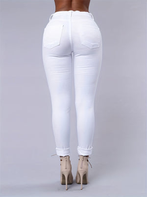 Elegant High-Stretch Skinny Jeans for All Seasons, Ripped with Chain Detail, Mid-Waist Comfort Fit Denim