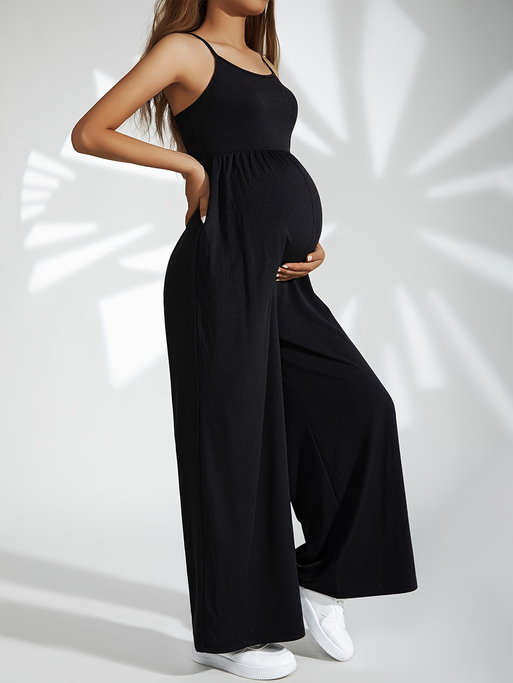Long-Length High-Waist Elegant Maternity Jumpsuit - Soft Medium Stretch Polyester Fabric, Comfortable Loose Fit, Solid Color, Machine Washable - Perfect for Weekend Casual Pregnancy Wear During Spring, Summer, and Fall