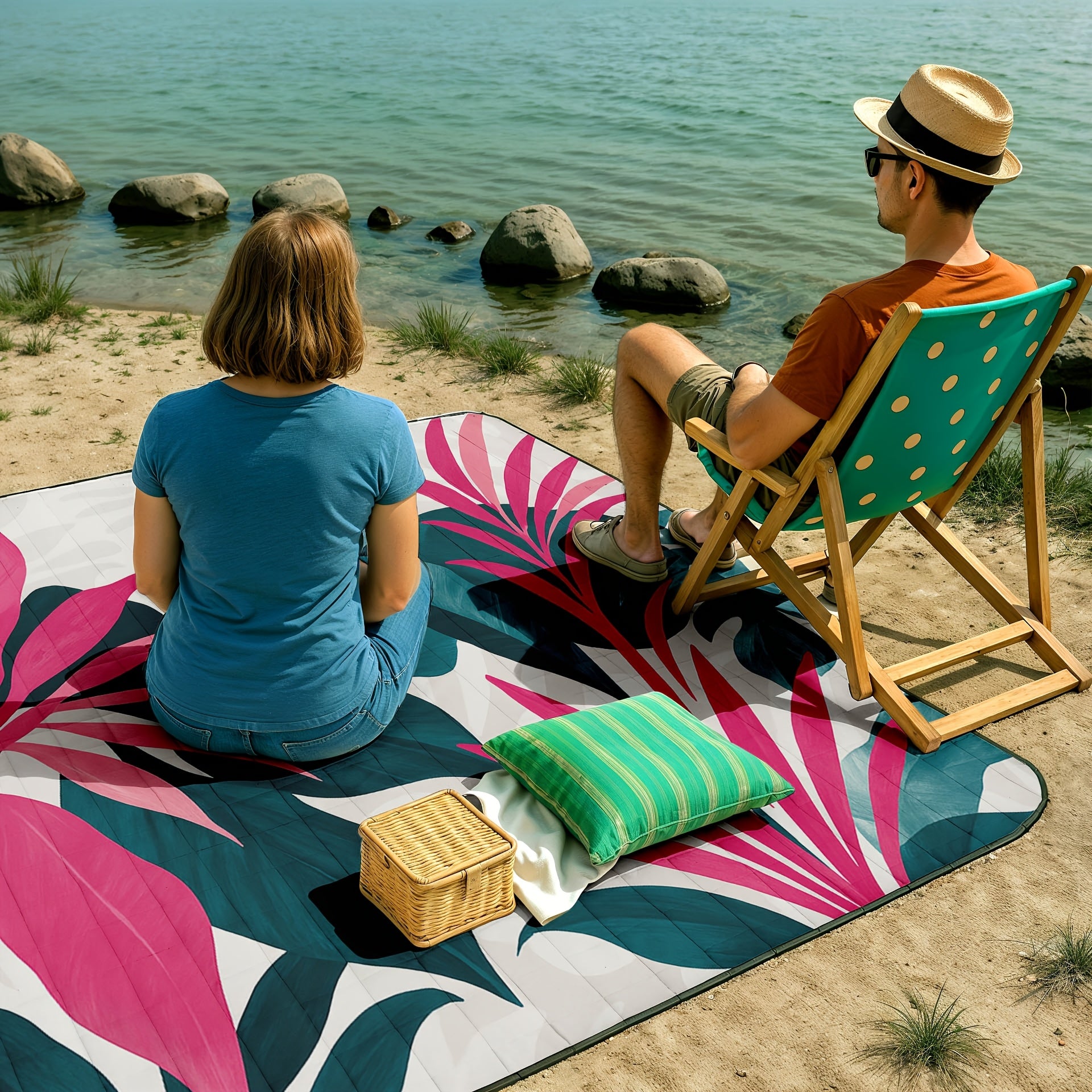 Extra Large Foldable Picnic Blanket with Carry Strap - Soft Padded Three-Layer Design, Colorful Floral & Fruit Print, 198.12x198.12 cm for Beach, Park, Camping & Travel, Beach Blanket, Camping Essentials, Vibrant Pattern, Durable Fabric