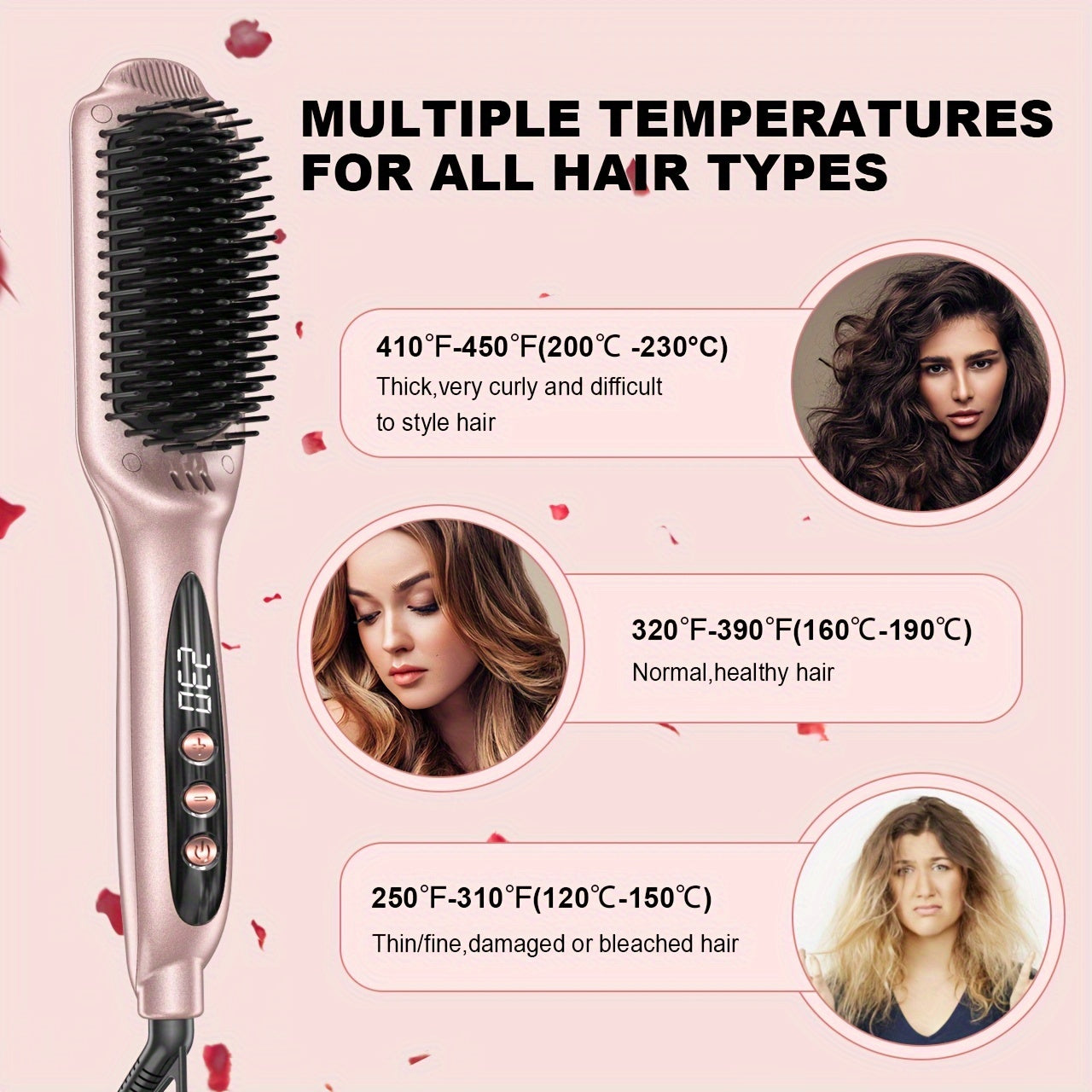 LANDOT Hair Straightener Brush Heated Straightening Brush: Rose Golden Negative Ion Hot Hair Brush For Smooth Frizz Free Hair - Ceramic Flat