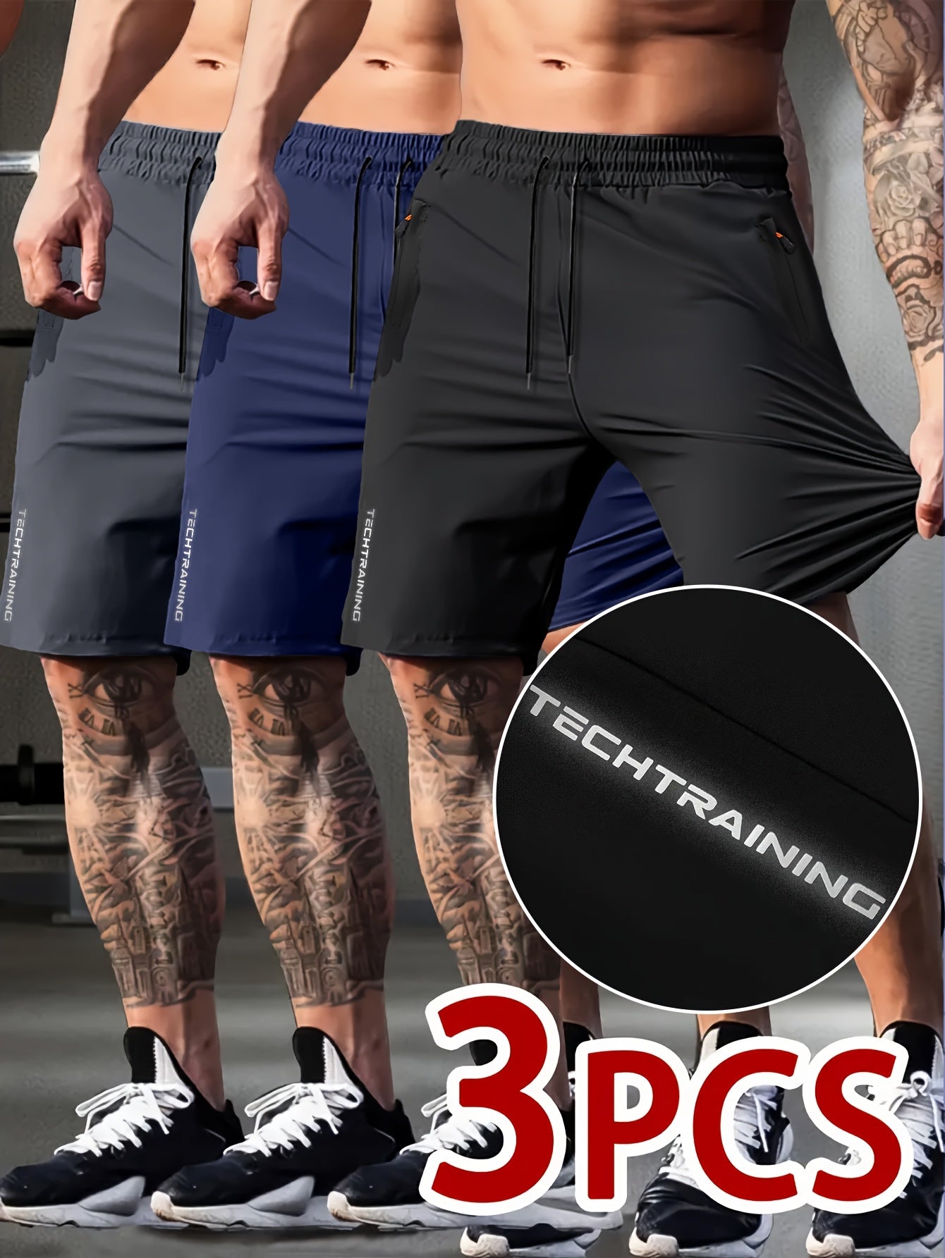 3pcs Men's Quick-Dry Drawstring Shorts with Zipper Pockets - Breathable & Sweat-Wicking, Ideal for Gym, Training, Cycling, Hiking & Swimming - Comfortable Stretch Fabric, Lightweight for Summer Activities